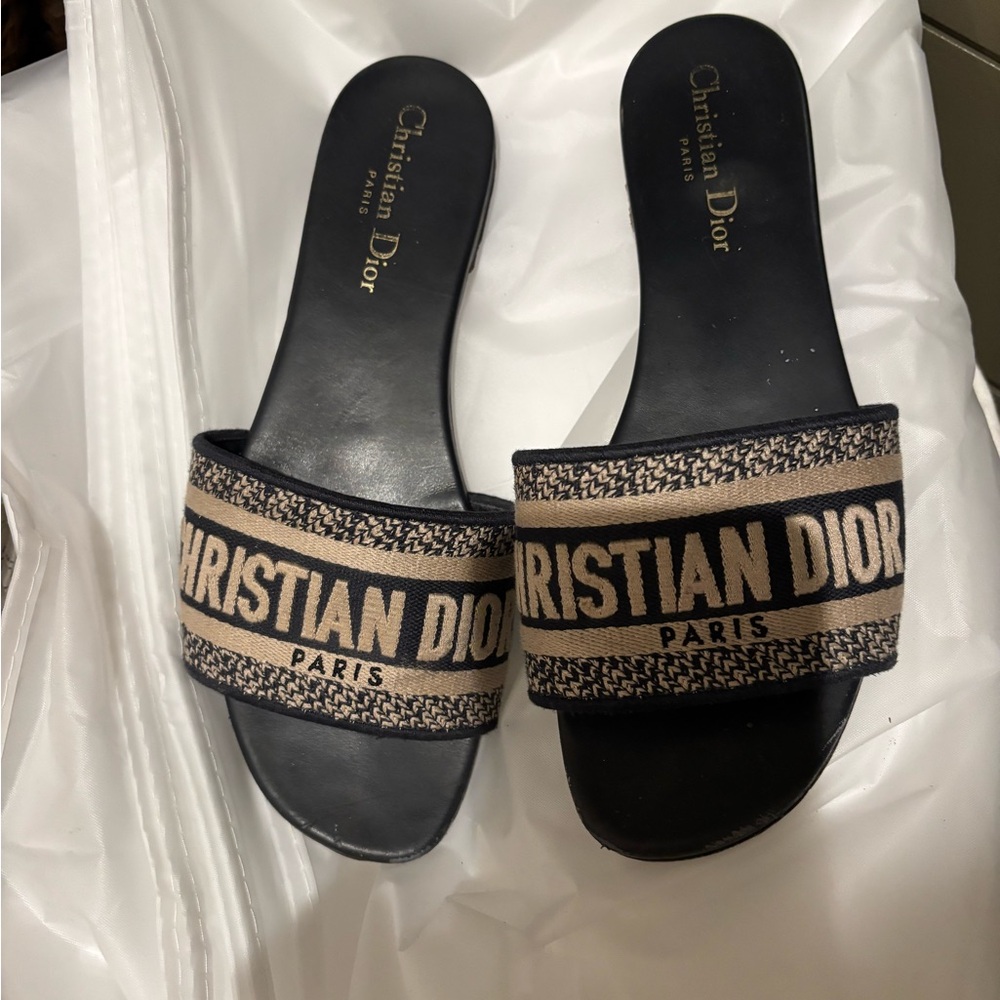 Dior Black and Tan Sandals with Signature Pattern